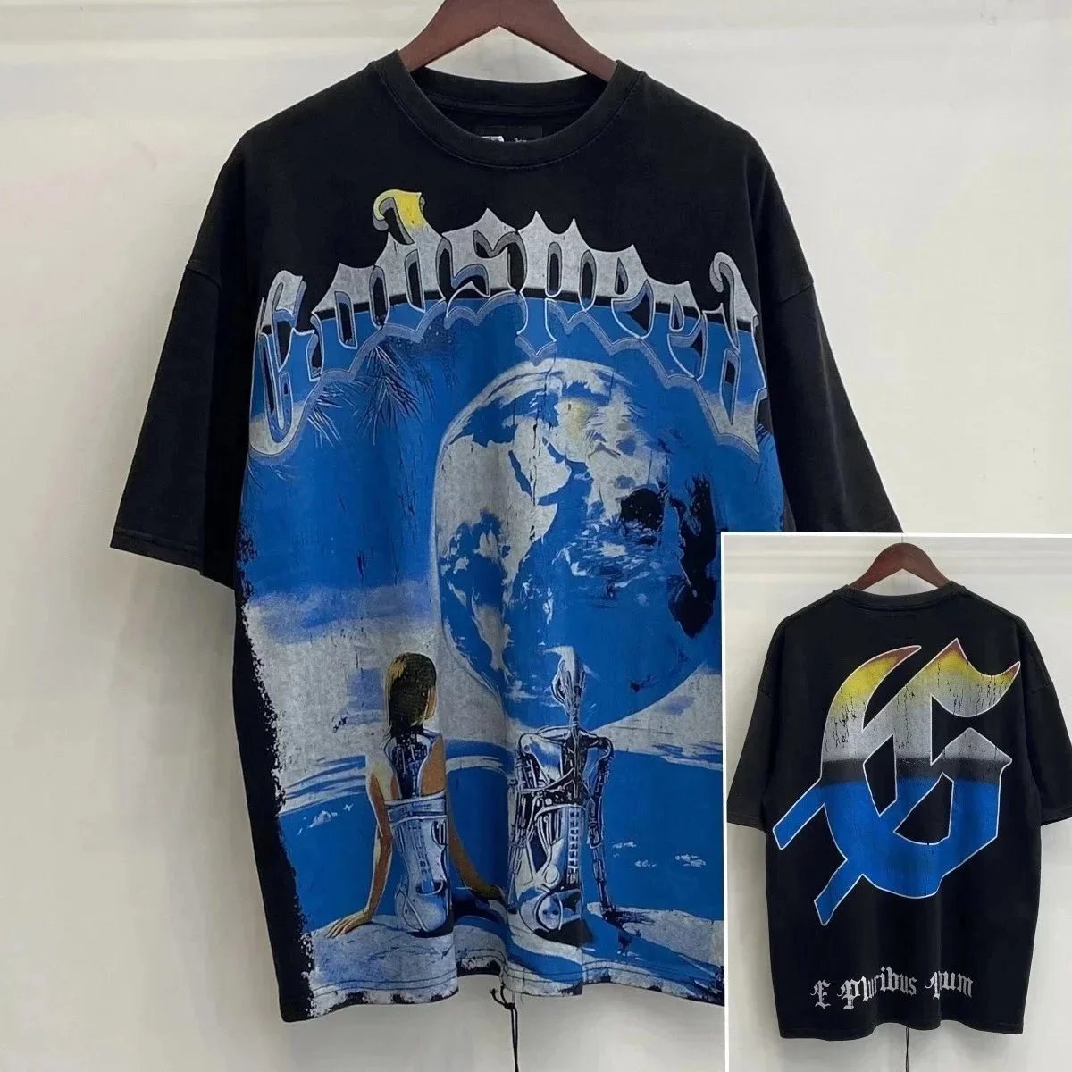 Godspeed Skull Rock Band Washed Casual Loose Short Sleeve T-shirt